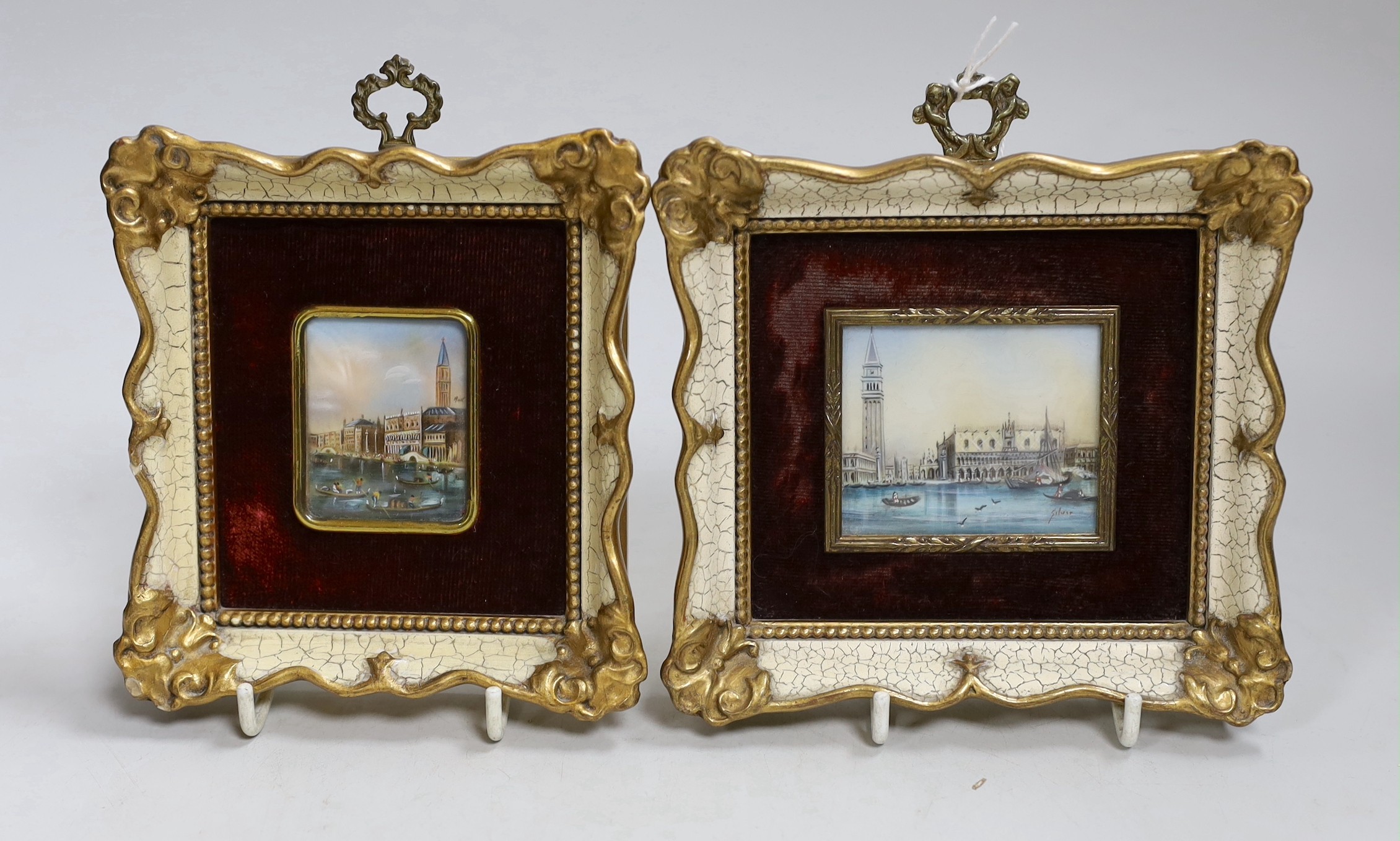 Two framed gouache on card, Venetian canal scenes, one signed. Largest 5x6cm excl frame